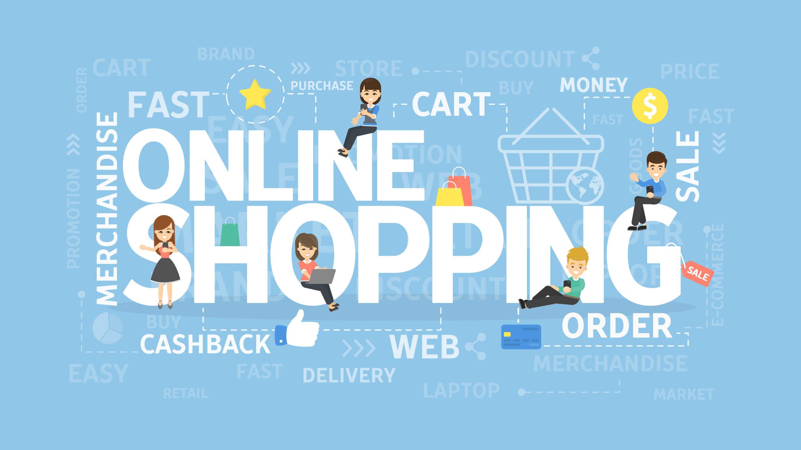 Online shopping concept illustration with words and people.